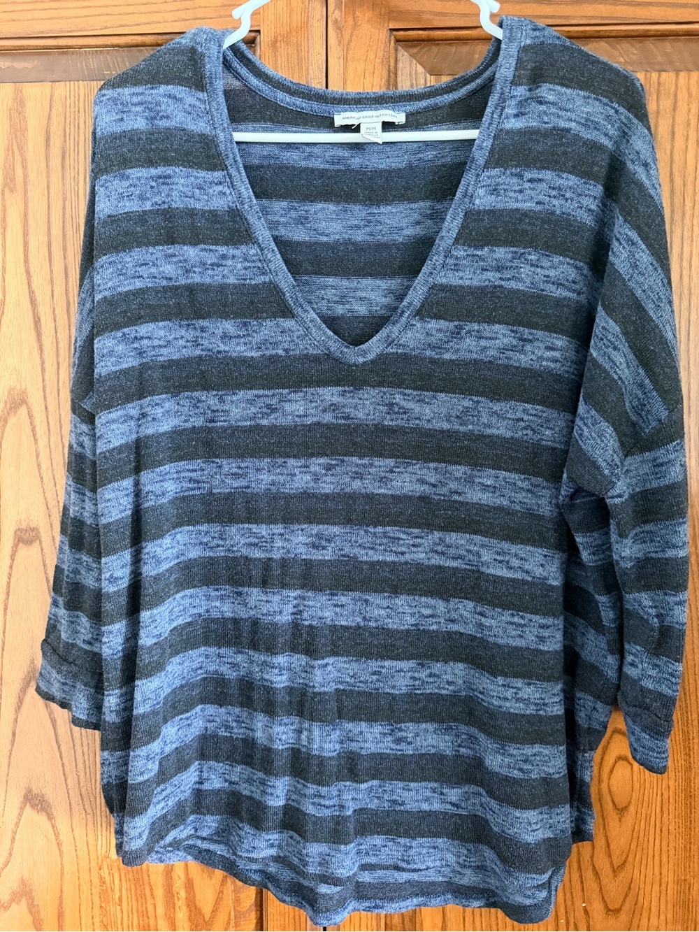 American Eagle Outfitters Striped V-Neck Top - Blue & Charcoal